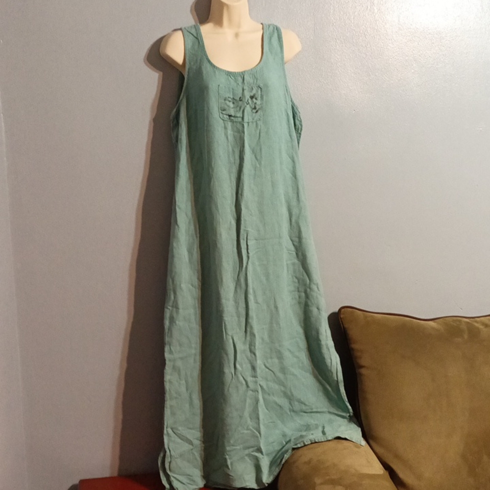 NINA PICCALINO 100% Linen women's green maxi dress